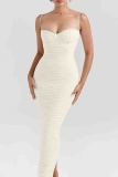 Light Apricot Sexy Solid Color Patchwork Backless Cross Straps Slit Spaghetti Strap Sling Dresses