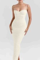 Light Apricot Sexy Solid Color Patchwork Backless Cross Straps Slit Spaghetti Strap Sling Dresses