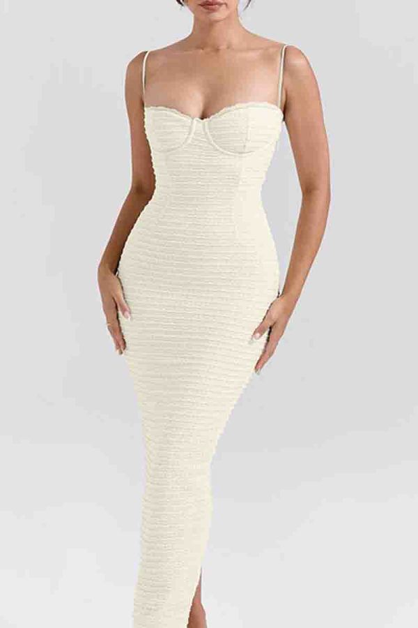 Light Apricot Sexy Solid Color Patchwork Backless Cross Straps Slit Spaghetti Strap Sling Dresses