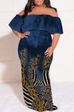 Zebra Casual Print Patchwork Off Shoulder Long Plus Size Dresses