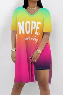 Green Casual Gradient Print Stripe Letters Slit V Neck Short Sleeve Two Pieces