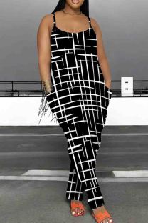 Black Casual Print Pocket Patchwork Backless Spaghetti Strap Loose Jumpsuits