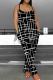 Black Casual Print Pocket Patchwork Backless Spaghetti Strap Loose Jumpsuits