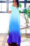 Blue Elegant Gradient Color Patchwork Backless Slit Off Shoulder Long Dresses