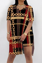 Black Yellow Casual Street Leopard Print Chain print Slit Contrast V Neck Short Sleeve Two Pieces