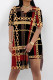 Black Yellow Casual Street Leopard Print Chain print Slit Contrast V Neck Short Sleeve Two Pieces