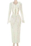 White Sexy Solid Color Patchwork Strap Design Ruffled Trim V Neck Long Sleeve Two Pieces