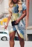 Blue Sexy Print Patchwork O Neck Wrapped Skirt Dresses