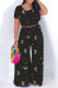 Black Casual Geometric Print Contrast O Neck Short Sleeve Two Pieces