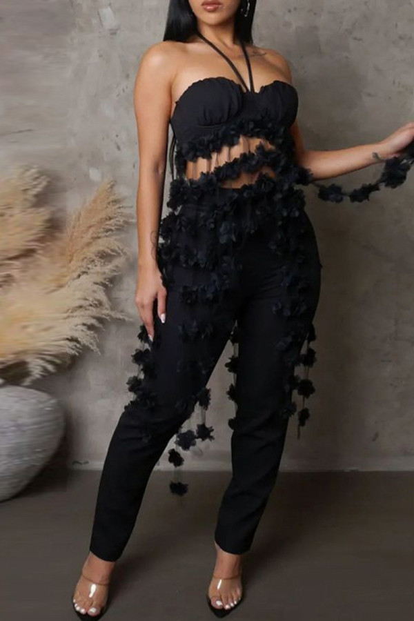 Black Sexy Solid Color Fringed Trim Patchwork Backless Halter Sleeveless Two Pieces
