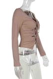 Rose Purple Sexy Solid Color Hollow Out Patchwork Strap Design V Neck Tops
