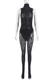 Black Sexy Hot Solid Color See-Through Turtleneck Sleeveless Two Pieces