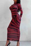 Red Elegant Stripe Patchwork Turtleneck Long Dresses