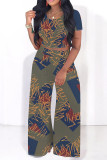 Army Green Casual Geometric Print Contrast O Neck Short Sleeve Two Pieces