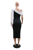 Green Casual Patchwork Slit Contrast Oblique Collar One Step Skirt Dresses