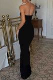 Black Sexy Patchwork Backless Slit Hot Drill Strapless Long Dresses