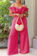 Rose Red Casual Solid Color Patchwork Backless Spaghetti Strap Bodycon Jumpsuits