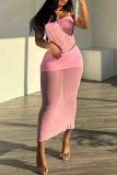 Pink Sexy Solid Color Patchwork See-Through Backless Square Neck Sleeveless Two Pieces