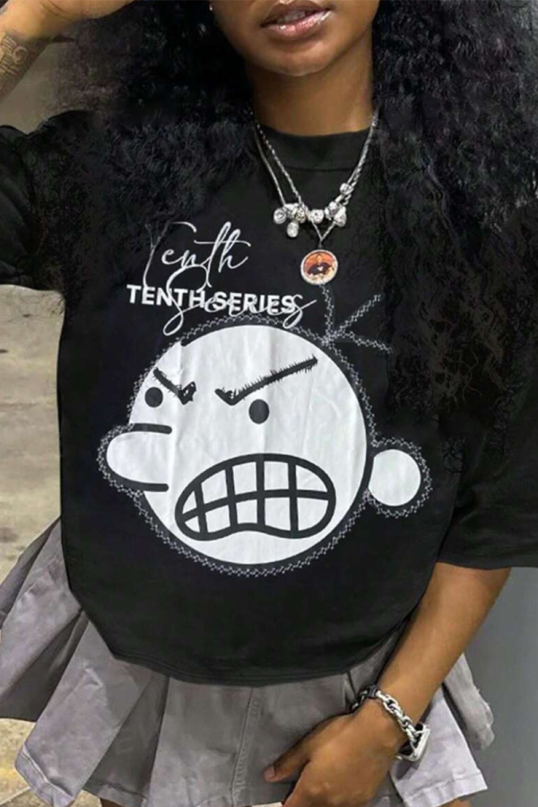 Black Casual Cartoon Print Letters O Neck T-Shirts