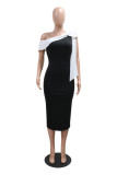 Green Casual Patchwork Slit Contrast Oblique Collar One Step Skirt Dresses