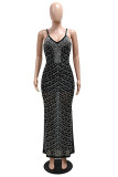 Black Sexy Patchwork Hot Drilling See-Through Backless Spaghetti Strap Long Dresses