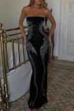Black Sexy Patchwork Backless Slit Hot Drill Strapless Long Dresses