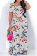 Grey Casual Geometric Print Contrast O Neck Short Sleeve Two Pieces
