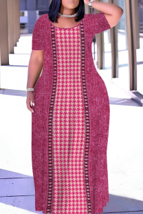 Rose Red Casual Print Basic O Neck Long Plus Size Dresses