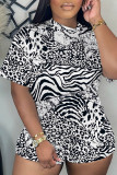 Pink Casual Leopard Print Basic O Neck Short Sleeve Two Pieces