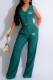 Ink Green Casual Letter Print Pocket Buttons V Neck Sleeveless Two Pieces