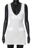 White Sexy Solid Color Patchwork Backless V Neck Wrapped Skirt Dresses