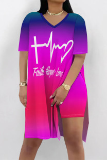 Dark Blue Casual Gradient Print Stripe Letters Slit V Neck Short Sleeve Two Pieces