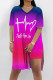 Dark Blue Casual Gradient Print Stripe Letters Slit V Neck Short Sleeve Two Pieces