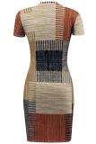 Blue Sexy Print Patchwork O Neck Wrapped Skirt Dresses