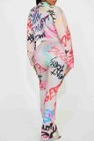 Grey Casual Print Buckle Patchwork Turndown Collar Long Sleeve Two Pieces