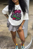 White Casual Cartoon Print O Neck T-Shirts