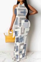 Gray Blue Elegant Print Patchwork O Neck Long Dresses