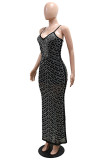 Black Sexy Patchwork Hot Drilling See-Through Backless Spaghetti Strap Long Dresses
