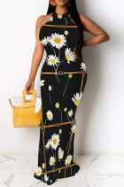 Black Elegant Striped Print Flowers Contrast O Neck One Step Skirt Dresses