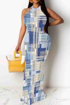 Blue Elegant Print Patchwork O Neck Long Dresses