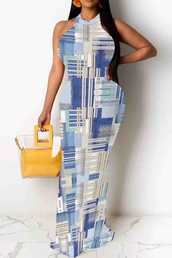 Blue Elegant Print Patchwork O Neck Long Dresses