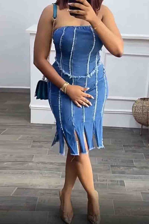 Blue Sexy Solid Color Patchwork Backless Slit Strapless Sleeveless Two Pieces