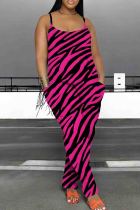 Rose Red Casual Print Patchwork Backless Spaghetti Strap Loose Jumpsuits