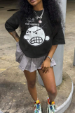 Black Casual Cartoon Print Letters O Neck T-Shirts