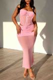 Pink Sexy Solid Color Patchwork See-Through Backless Square Neck Sleeveless Two Pieces