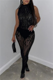 Black Sexy Hot Solid Color See-Through Turtleneck Sleeveless Two Pieces
