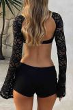 Black Sexy Solid Color Lace Hollow Out Patchwork Strap Design Halter Skinny Rompers