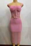 Pink Sexy Solid Color Patchwork See-Through Backless Square Neck Sleeveless Two Pieces
