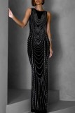 Black Sexy Party Patchwork Hot Drill O Neck Evening Dresses