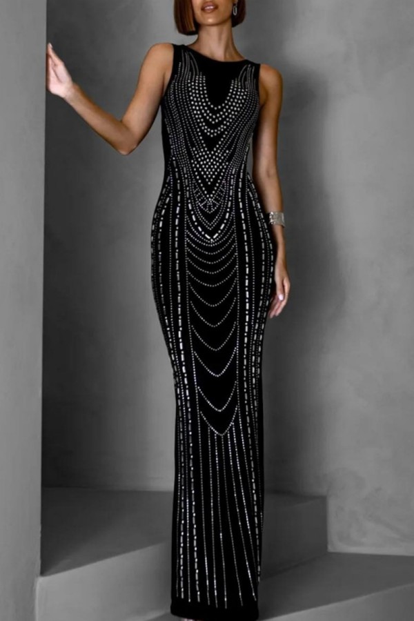 Black Sexy Party Patchwork Hot Drill O Neck Evening Dresses